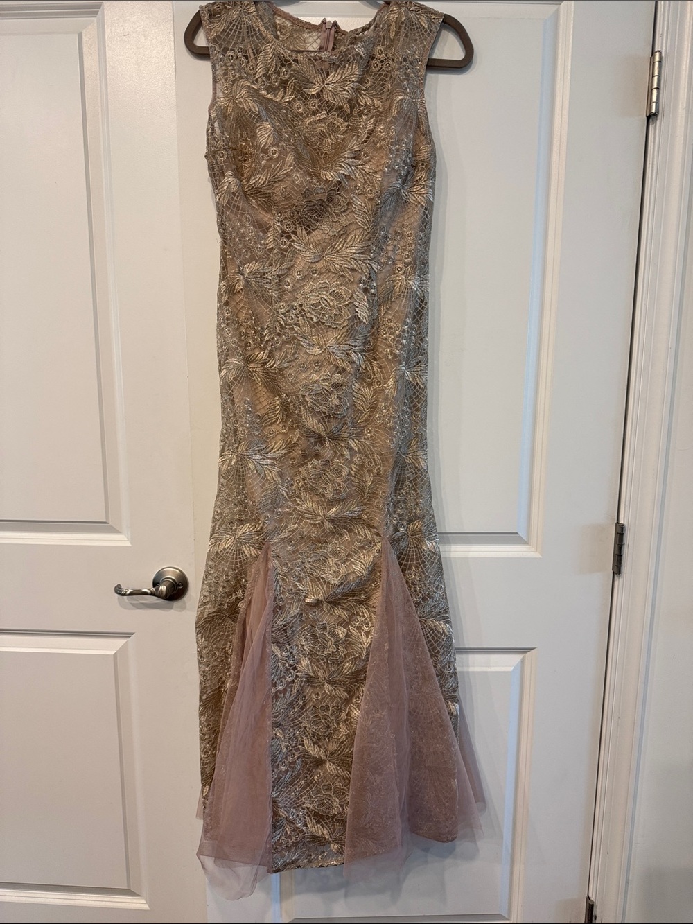 Alex Evenings Gold and Blush Embroidered Mermaid Evening Gown